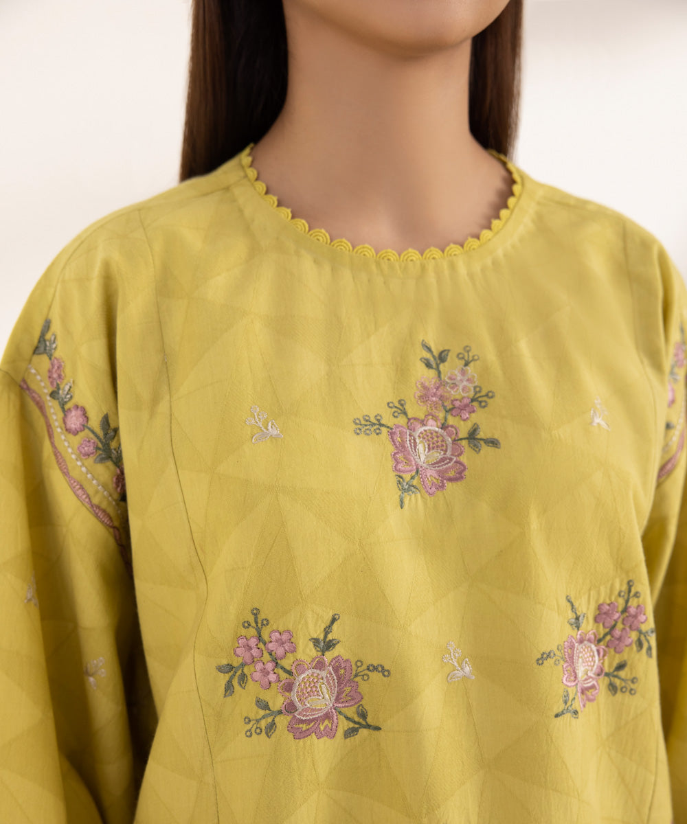 Women's Unstitched Cotton Jacquard Embroidered Yellow 3 Piece Suit