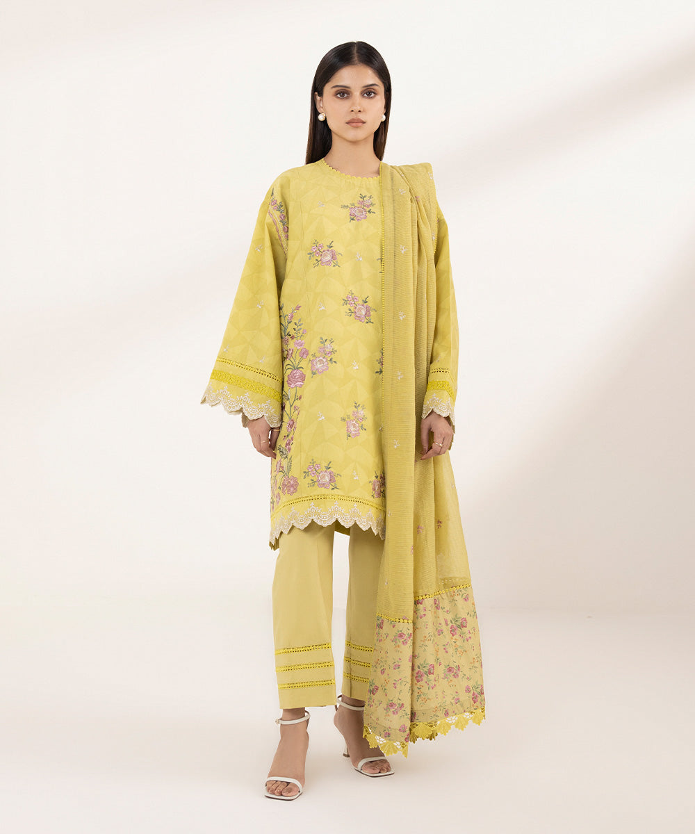 Women's Unstitched Cotton Jacquard Embroidered Yellow 3 Piece Suit