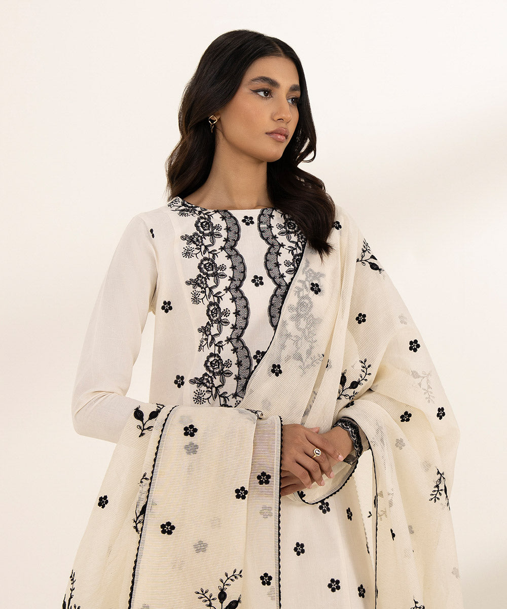 Women's Unstitched Cotton Jacquard Embroidered White 3 Piece Suit