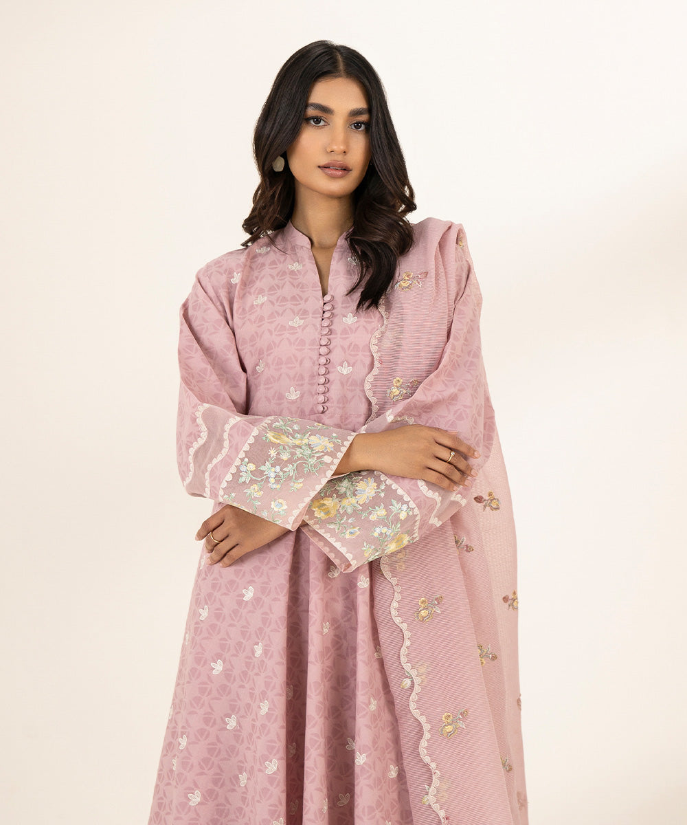 Women's Unstitched Cotton Jacquard Embroidered Pink 3 Piece Suit