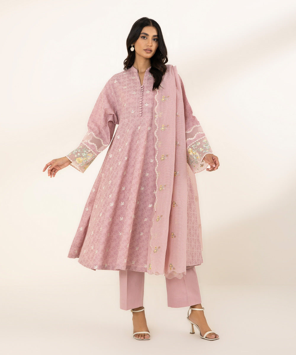 Women's Unstitched Cotton Jacquard Embroidered Pink 3 Piece Suit