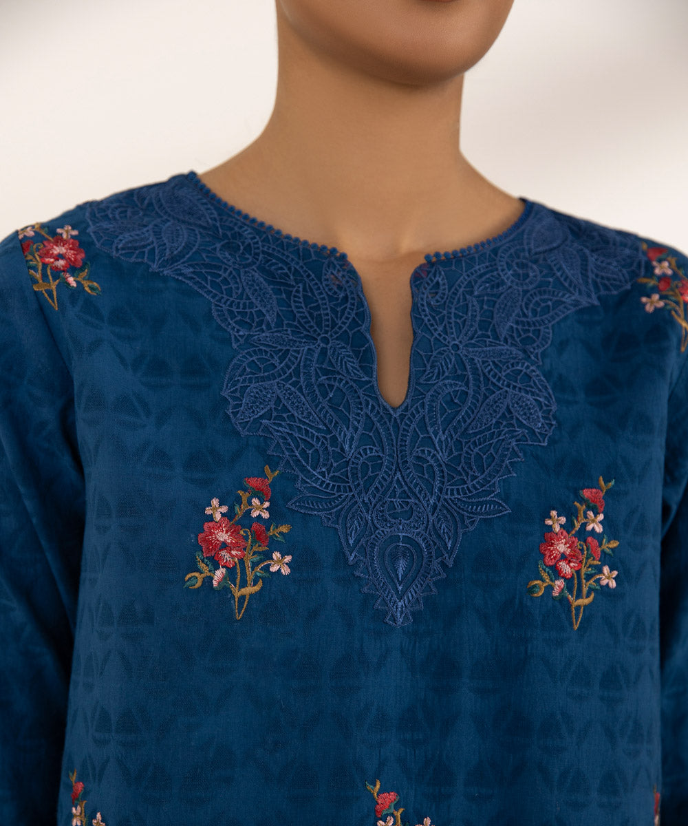 Women's Unstitched Cotton Jacquard Embroidered Blue 3 Piece Suit