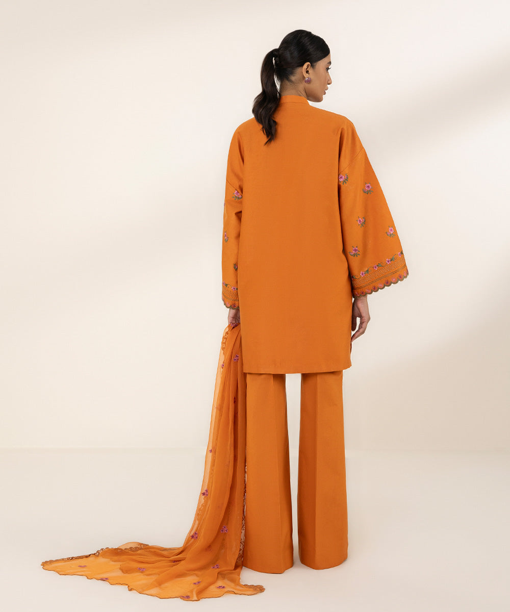 Women's Unstitched Cotton Satin Embroidered Orange 3 Piece Suit