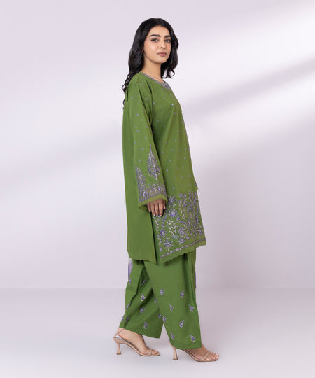 Women's Pret Cambric Embroidered Green Culottes