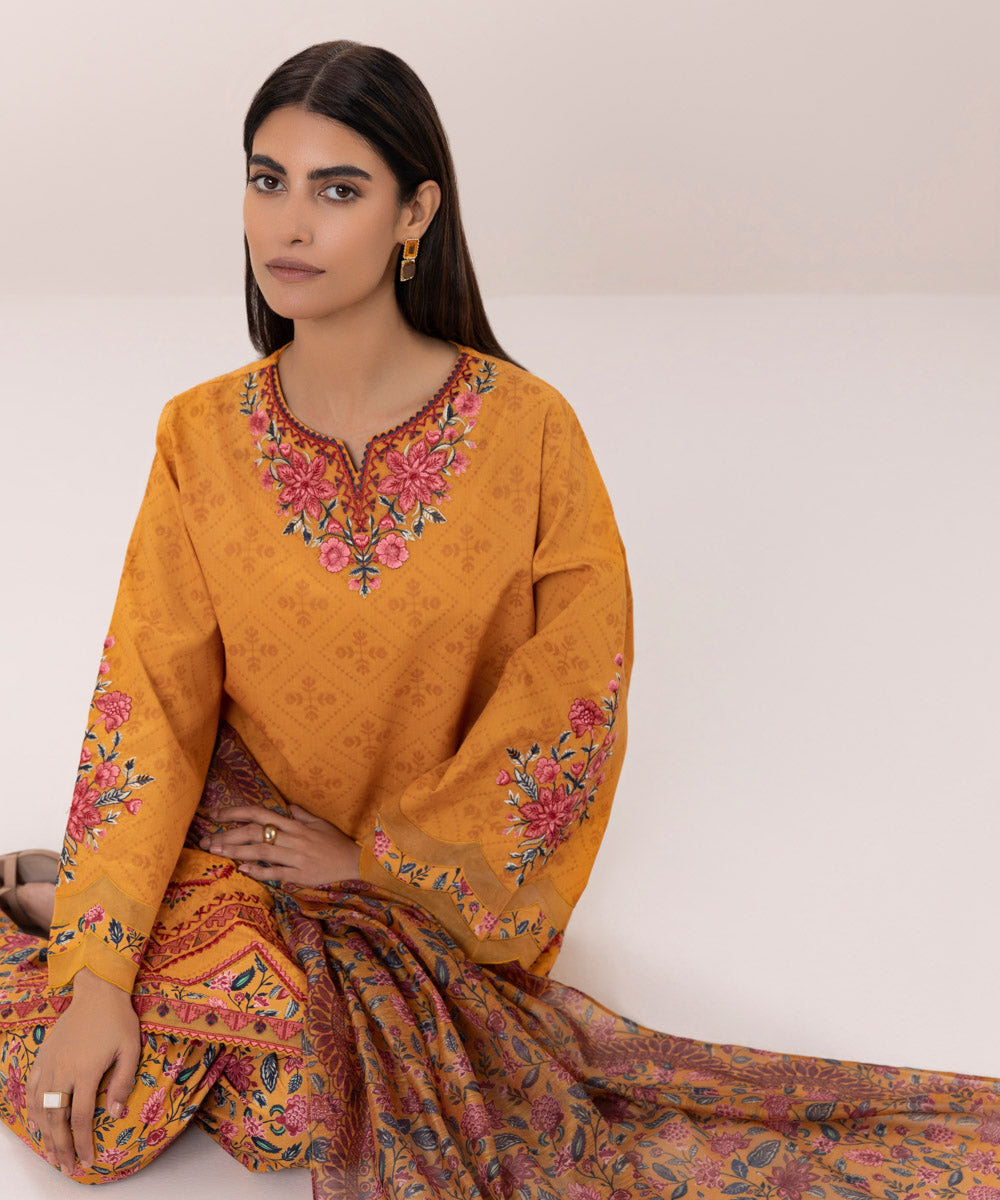 Women's Unstitched Cotton Jacquard Embroidered Orange 3 Piece Suit