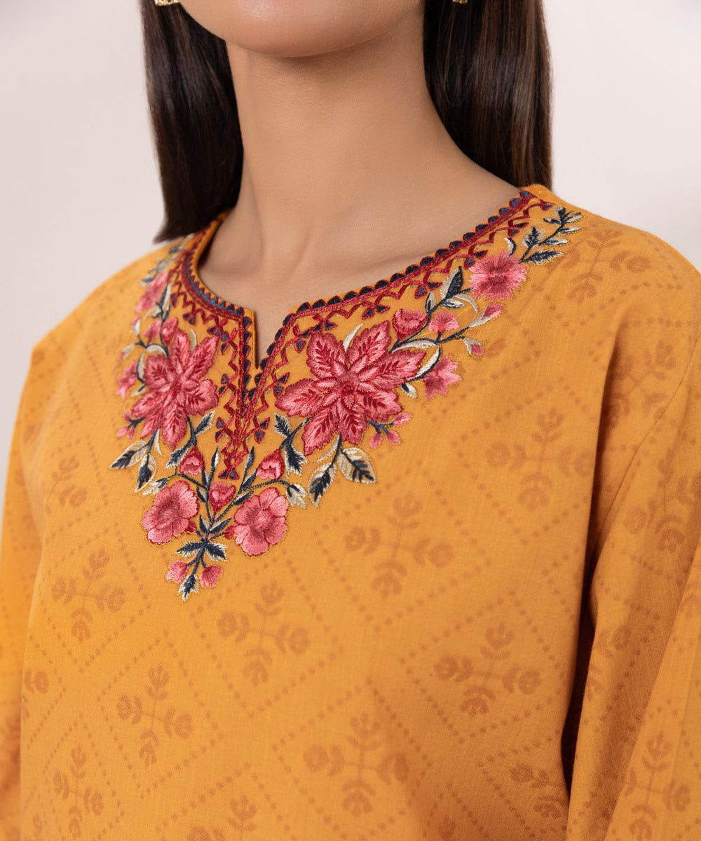 Women's Unstitched Cotton Jacquard Embroidered Orange 3 Piece Suit