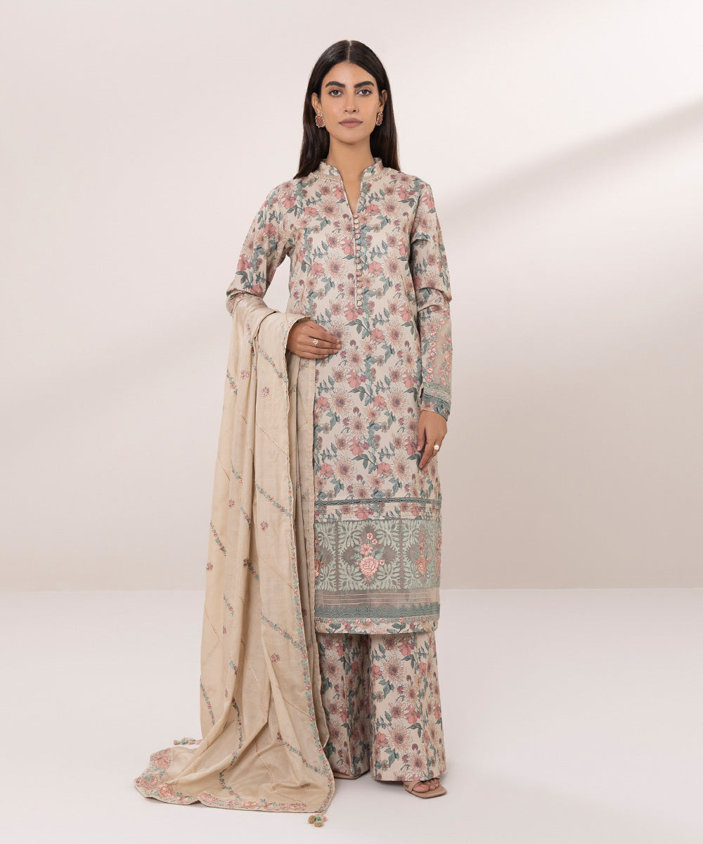 Women's Unstitched Lawn Embroidered Beige 3 Piece Suit
