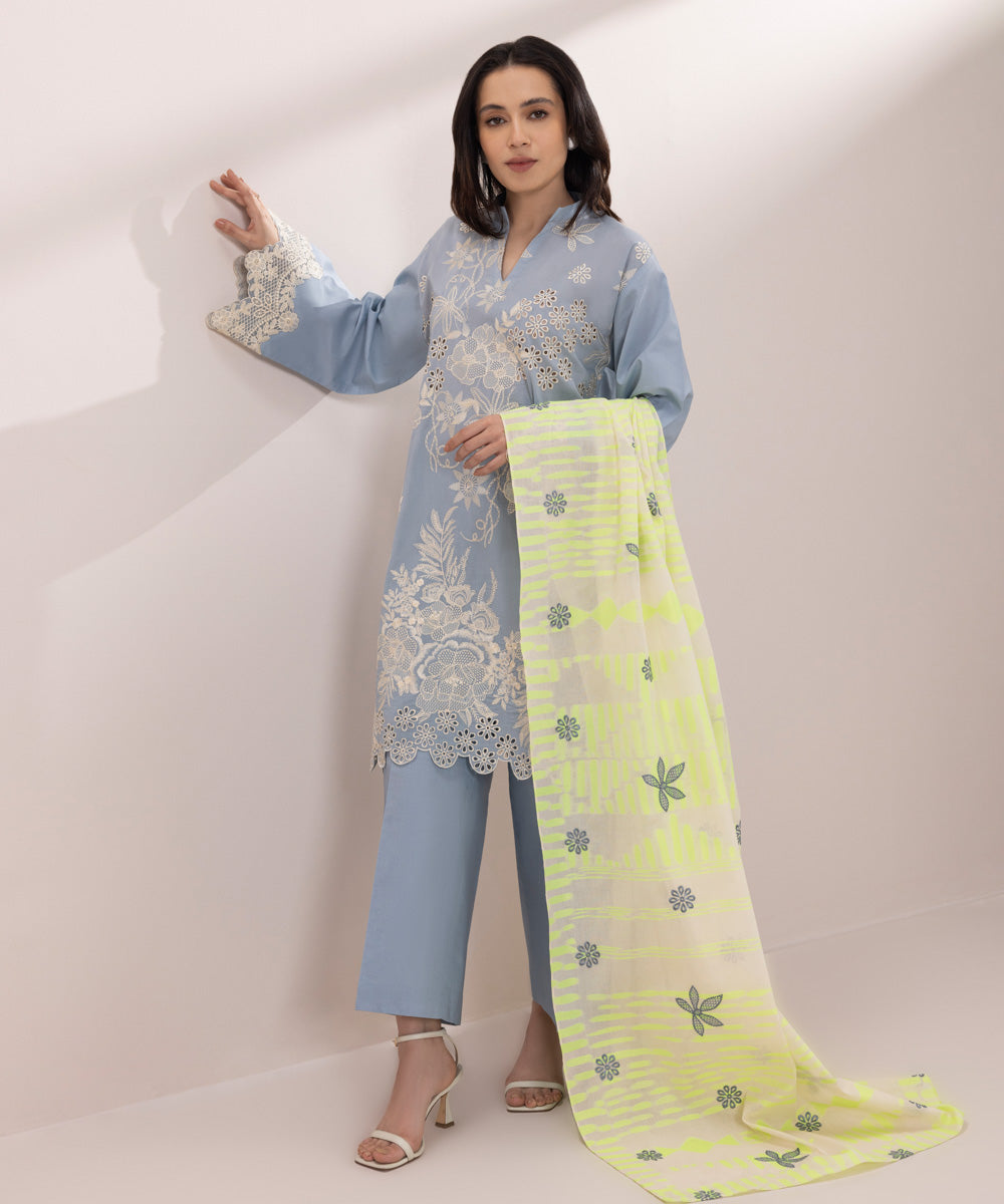 Women's Unstitched Cambric Embroidered Blue 3 Piece Suit