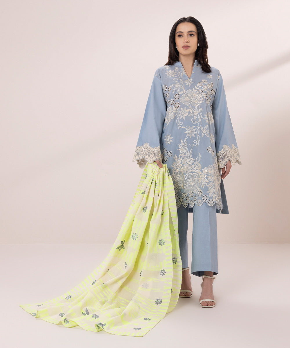Women's Unstitched Cambric Embroidered Blue 3 Piece Suit