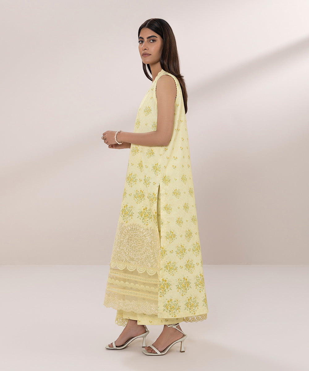 Women's Unstitched Dobby Embroidered Yellow 3 Piece Suit
