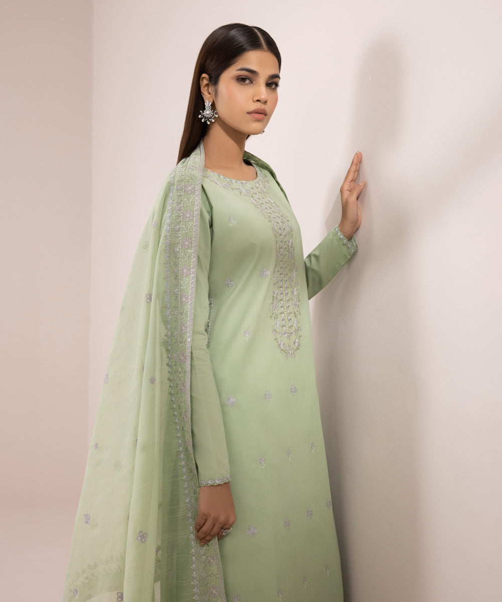 Women's Unstitched Cambric Embroidered Green 3 Piece Suit