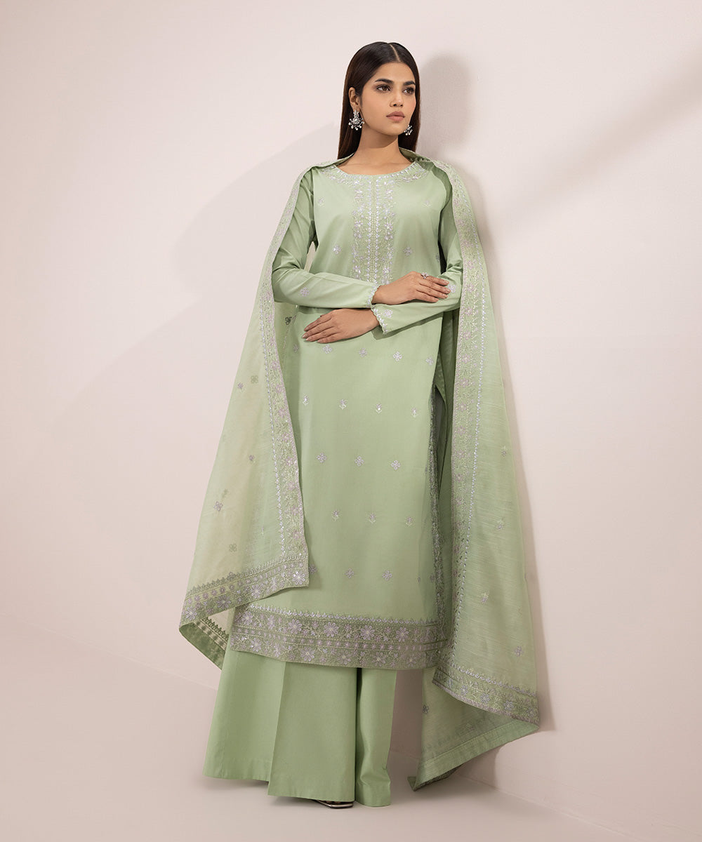 Women's Unstitched Cambric Embroidered Green 3 Piece Suit