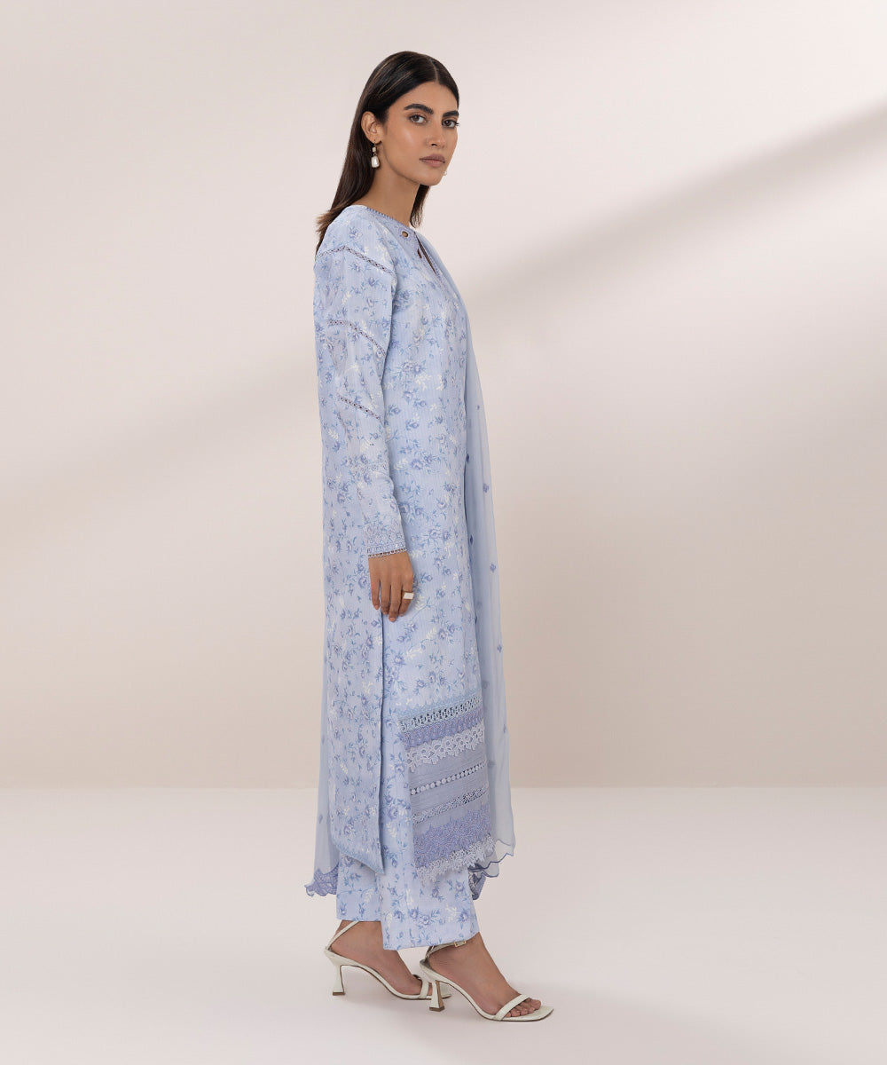 Women's Unstitched Dobby Embroidered Blue 3 Piece Suit
