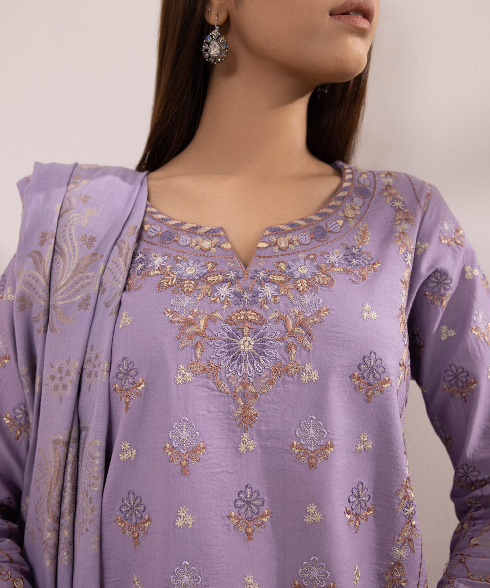 Women's Unstitched Lawn Embroidered Purple 3 Piece Suit