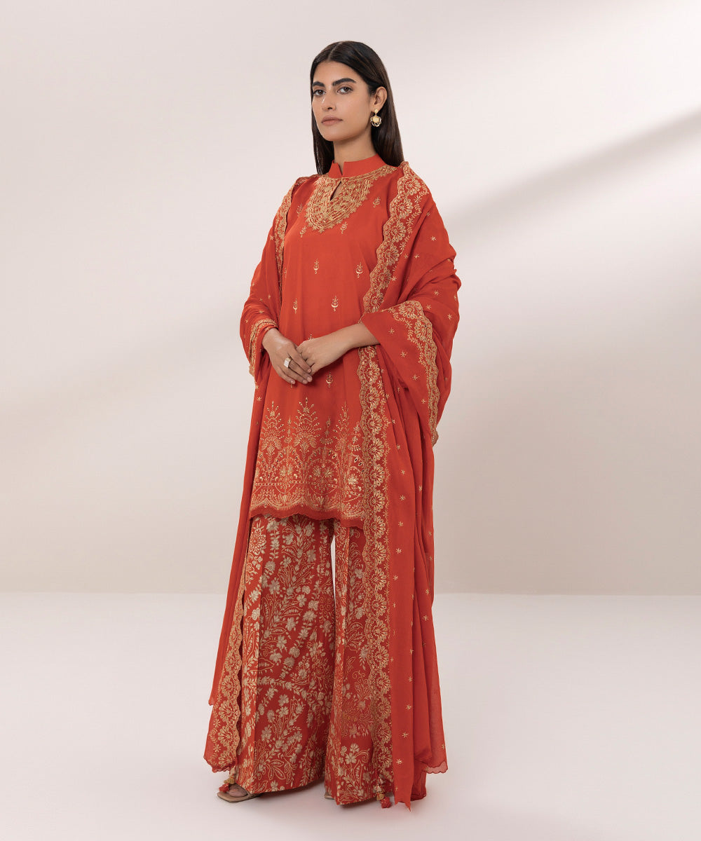 Women's Unstitched Lawn Embroidered Red 3 Piece Suit