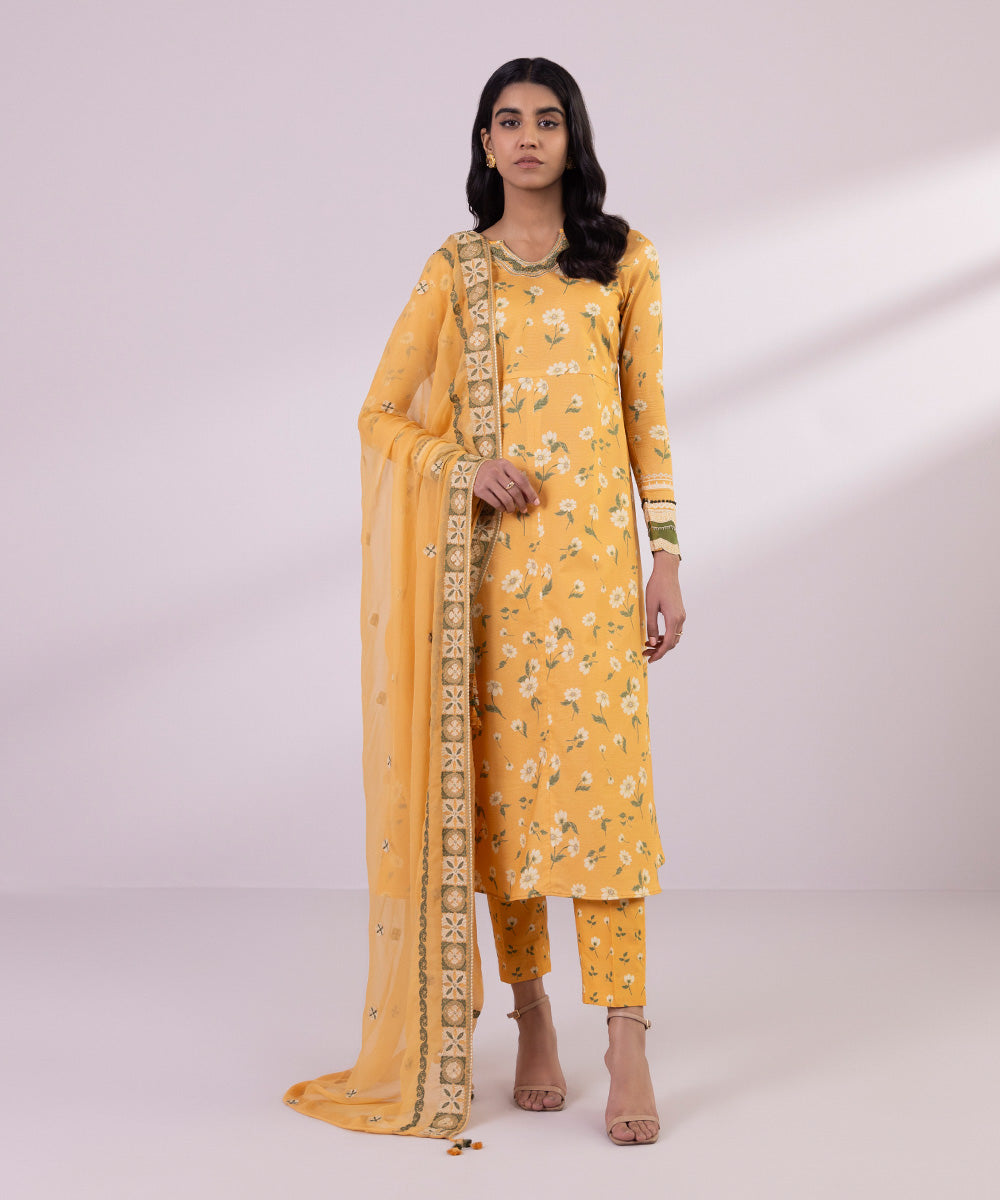 Women's Unstitched Zari Lawn Embroidered Yellow 3 Piece Suit