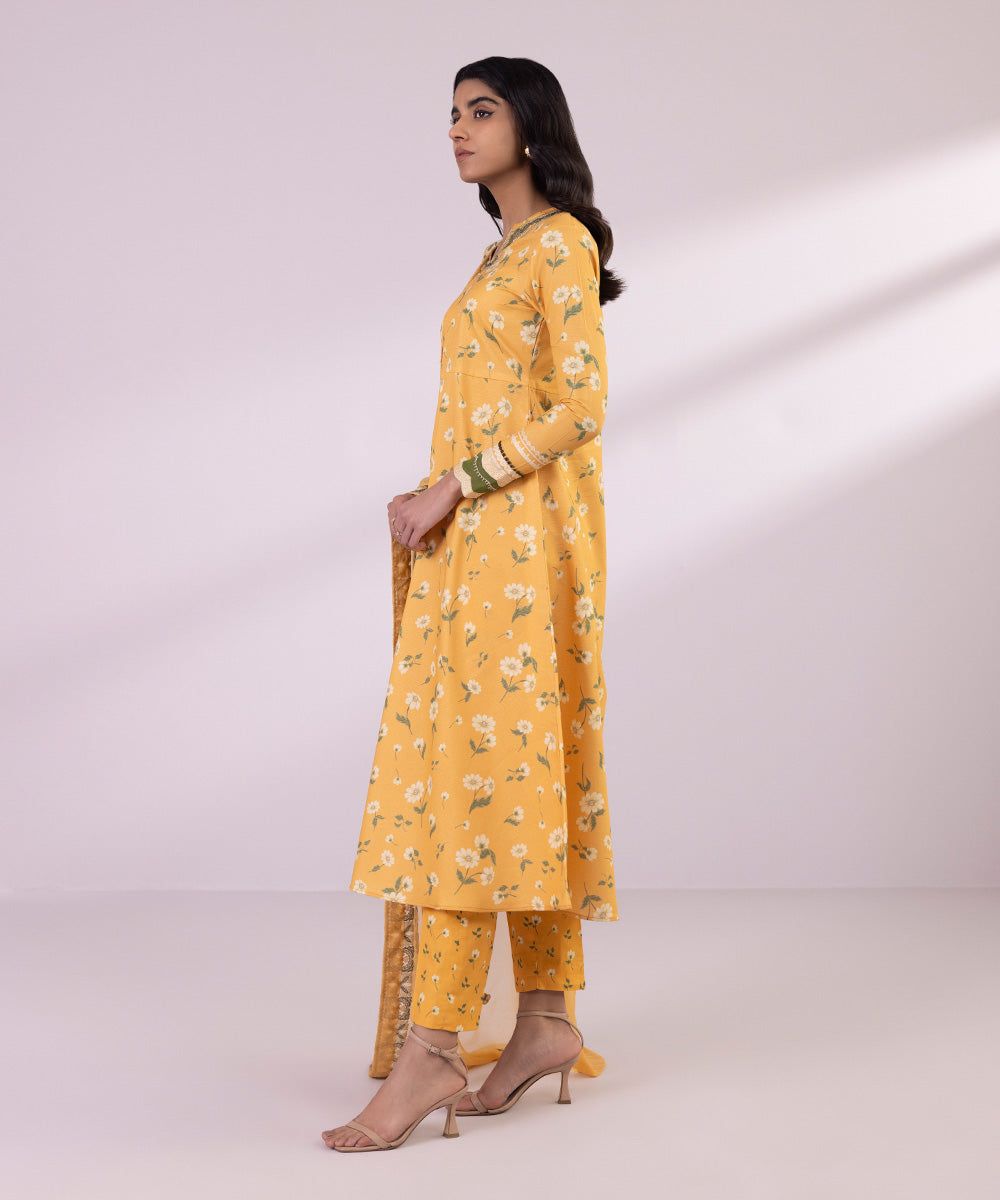 Women's Unstitched Zari Lawn Embroidered Yellow 3 Piece Suit