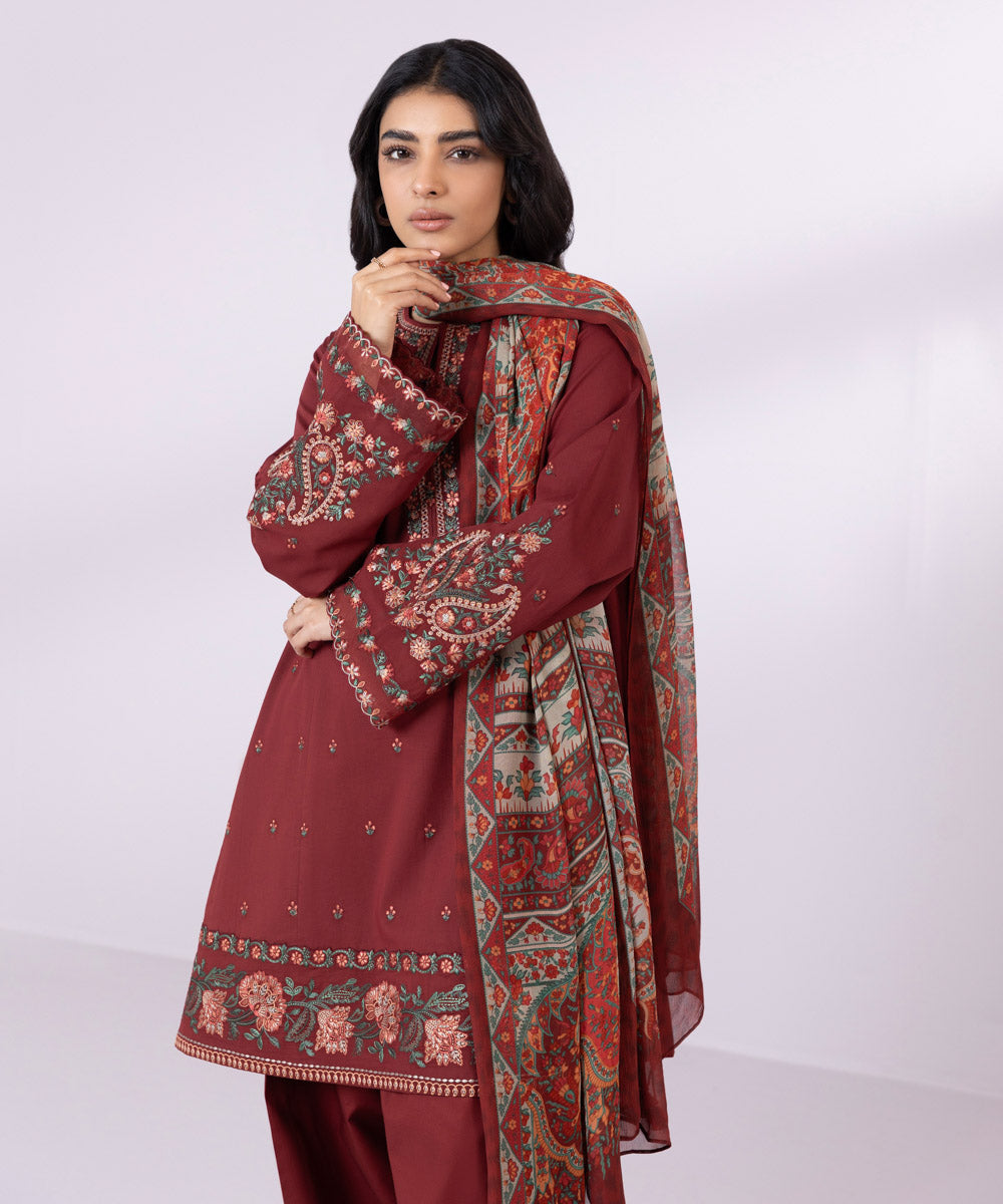 Women's Unstitched Lawn Embroidered Maroon 3 Piece Suit