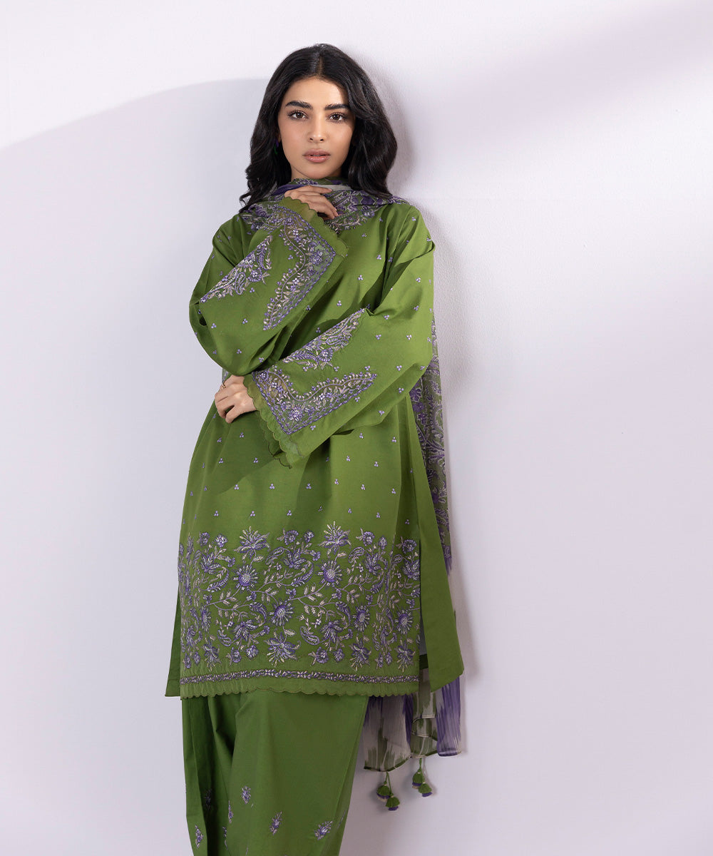 Women's Unstitched Lawn Embroidered Juniper Green 3 Piece Suit