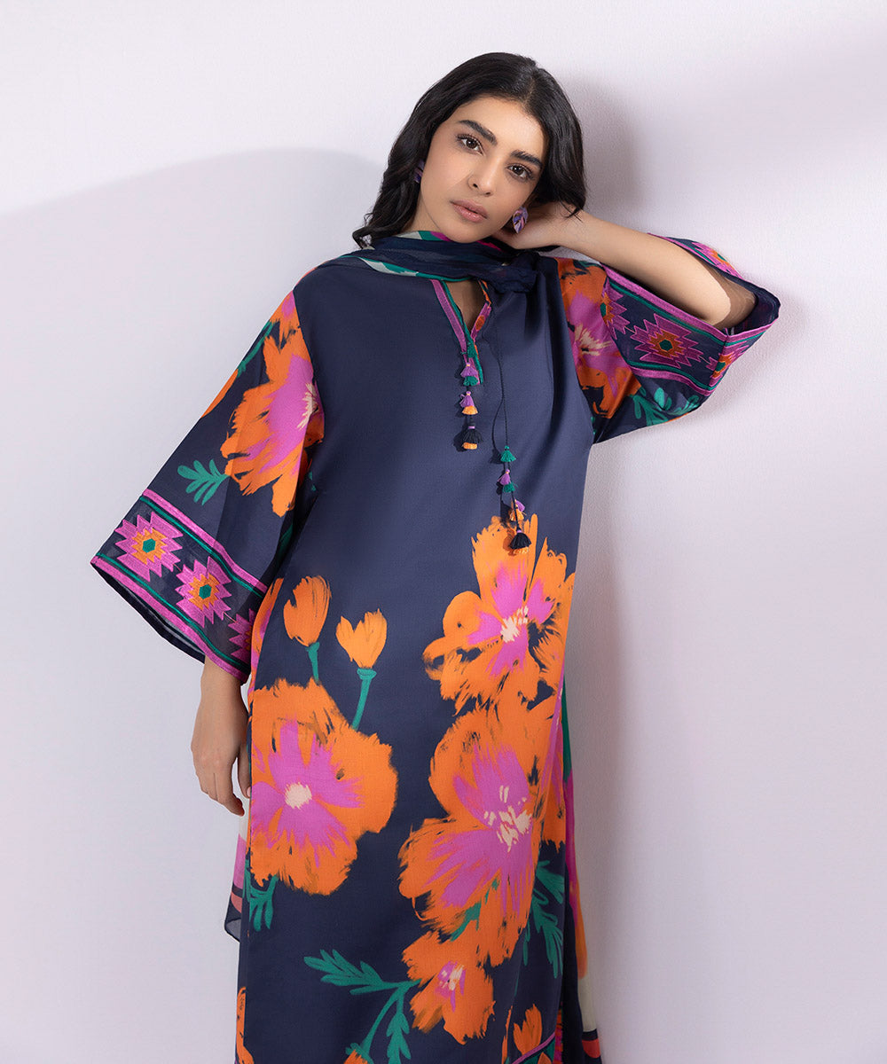 Women's Unstitched Lawn Embroidered Navy Blue and Multi 3 Piece Suit