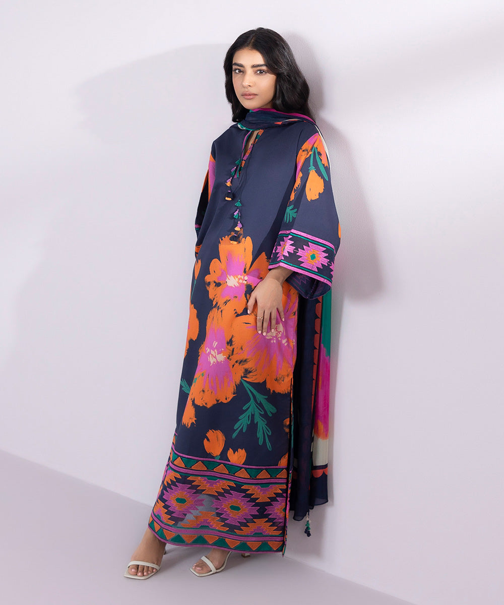 Women's Unstitched Lawn Embroidered Navy Blue and Multi 3 Piece Suit