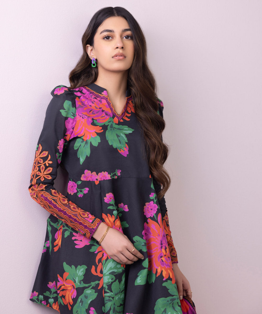Women's Unstitched Lawn Embroidered Black and Multi 3 Piece Suit