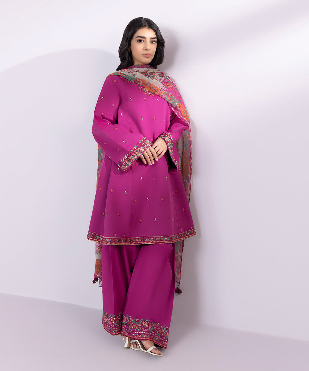 Women's Unstitched Lawn Embroidered Midnight Purple 3 Piece Suit