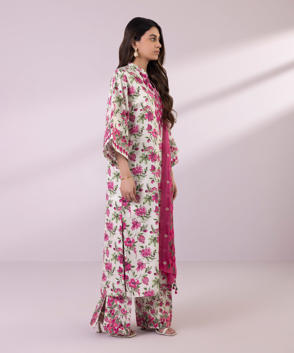 Women's Unstitched Light Cotton Satin Embroidered Ivory 3 Piece Suit