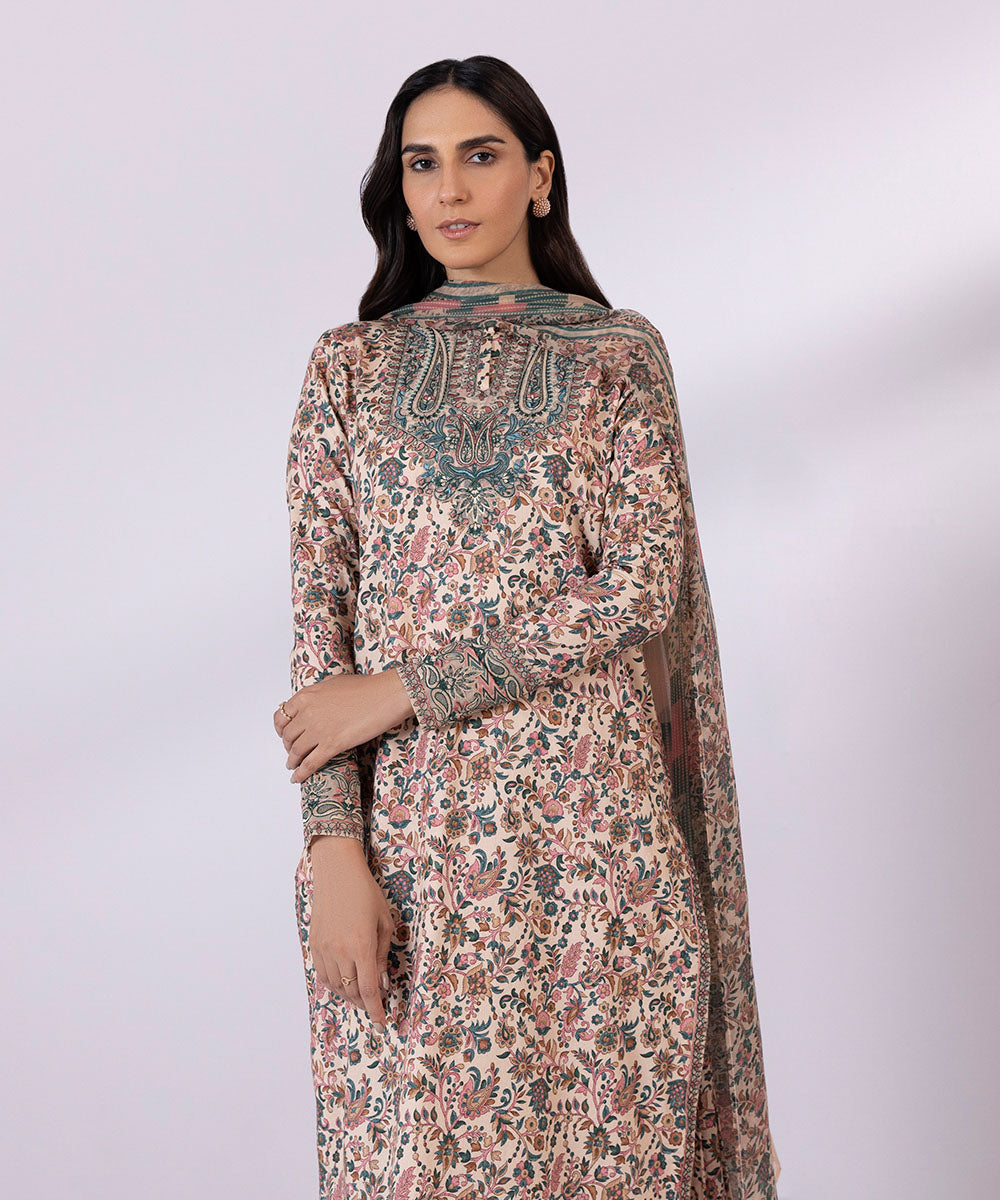 Women's Unstitched Lawn Embroidered Tender Peach 3 Piece Suit