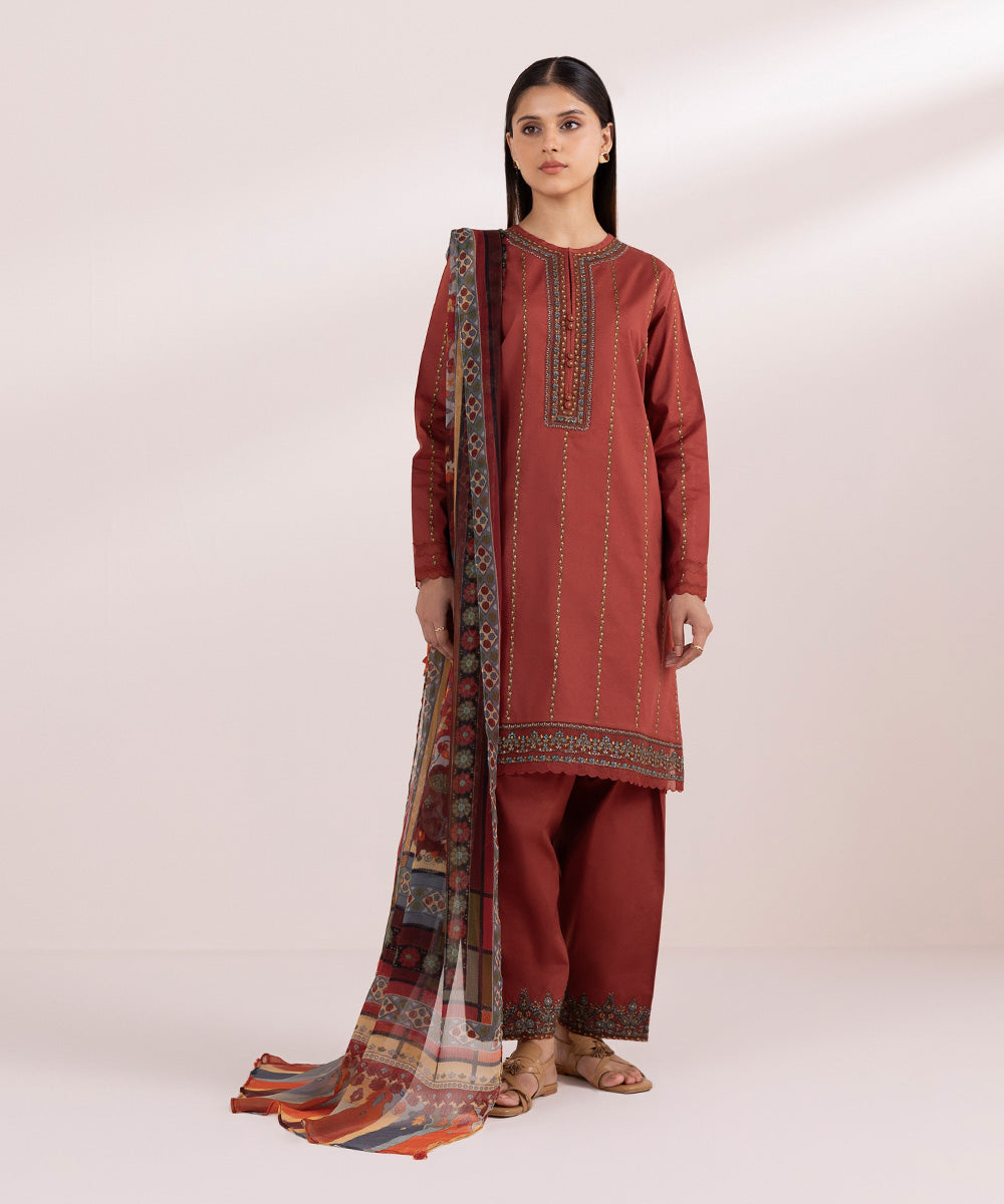 Women's Pret Lawn Embroidered Red Straight Shirt