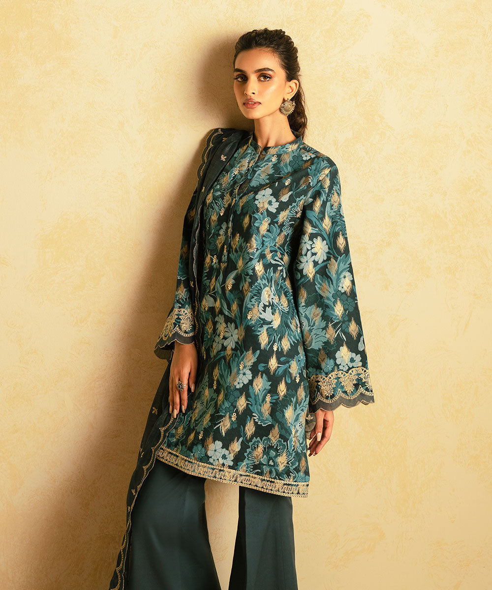 Women's Unstitched Extra Weft Jacquard Embroidered Blue 3 Piece Suit