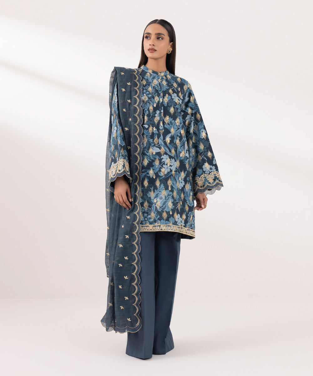 Women's Unstitched Extra Weft Jacquard Embroidered Blue 3 Piece Suit