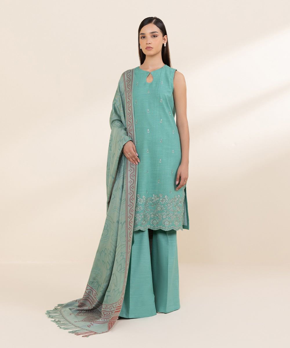 Women's Unstitched Khaddar Embroidered Green 3 Piece Suit