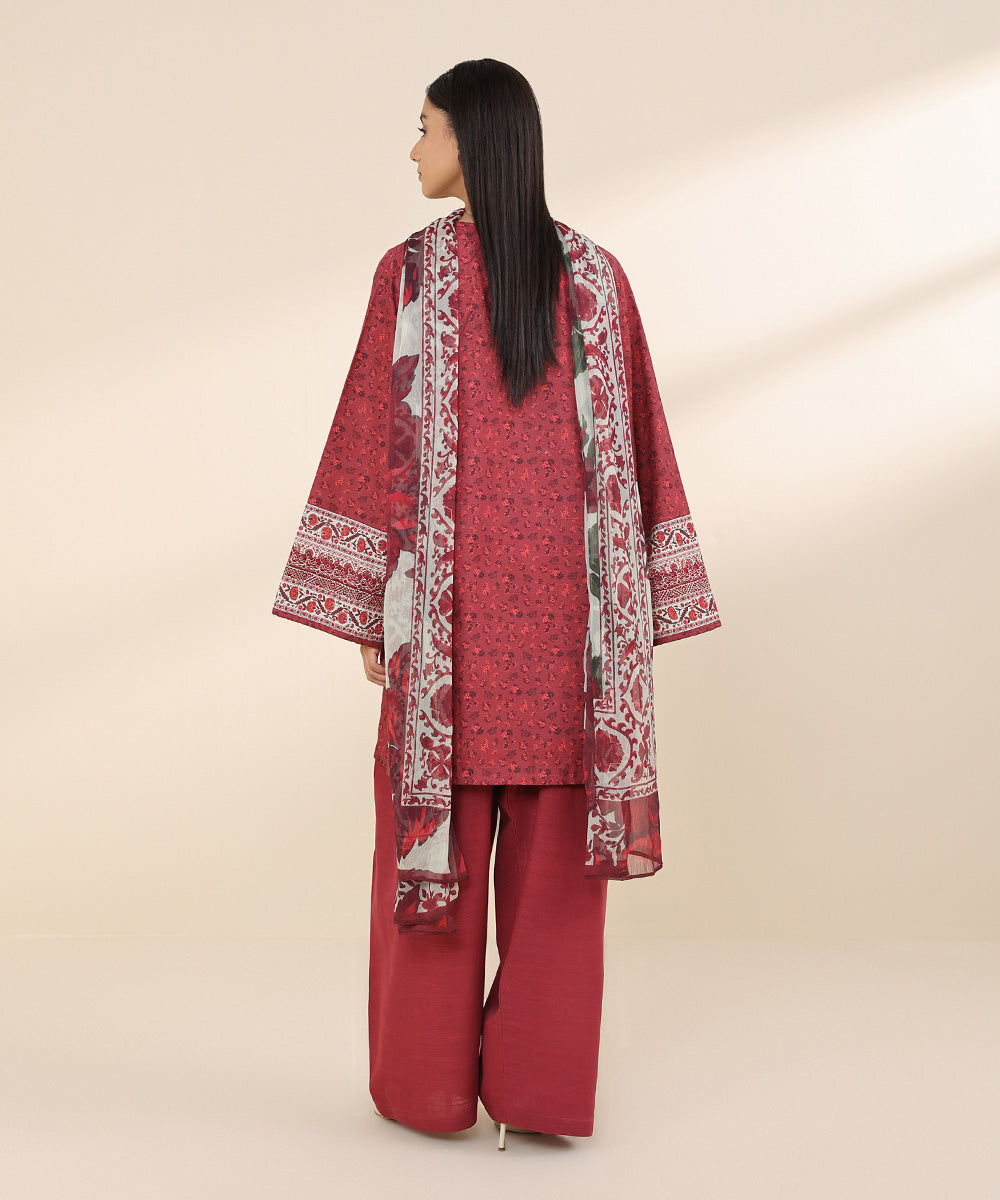 Women's Unstitched Khaddar Red Embroidered 3 Piece Suit