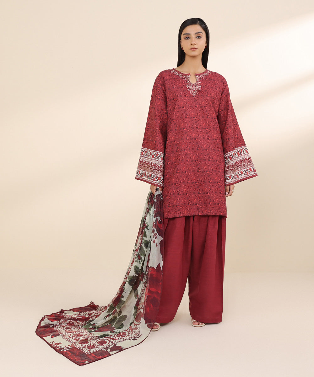 Women's Unstitched Khaddar Red Embroidered 3 Piece Suit