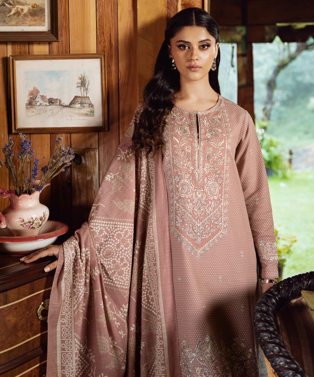 Women's Unstitched Khaddar Pink Embroidered 3 Piece Suit