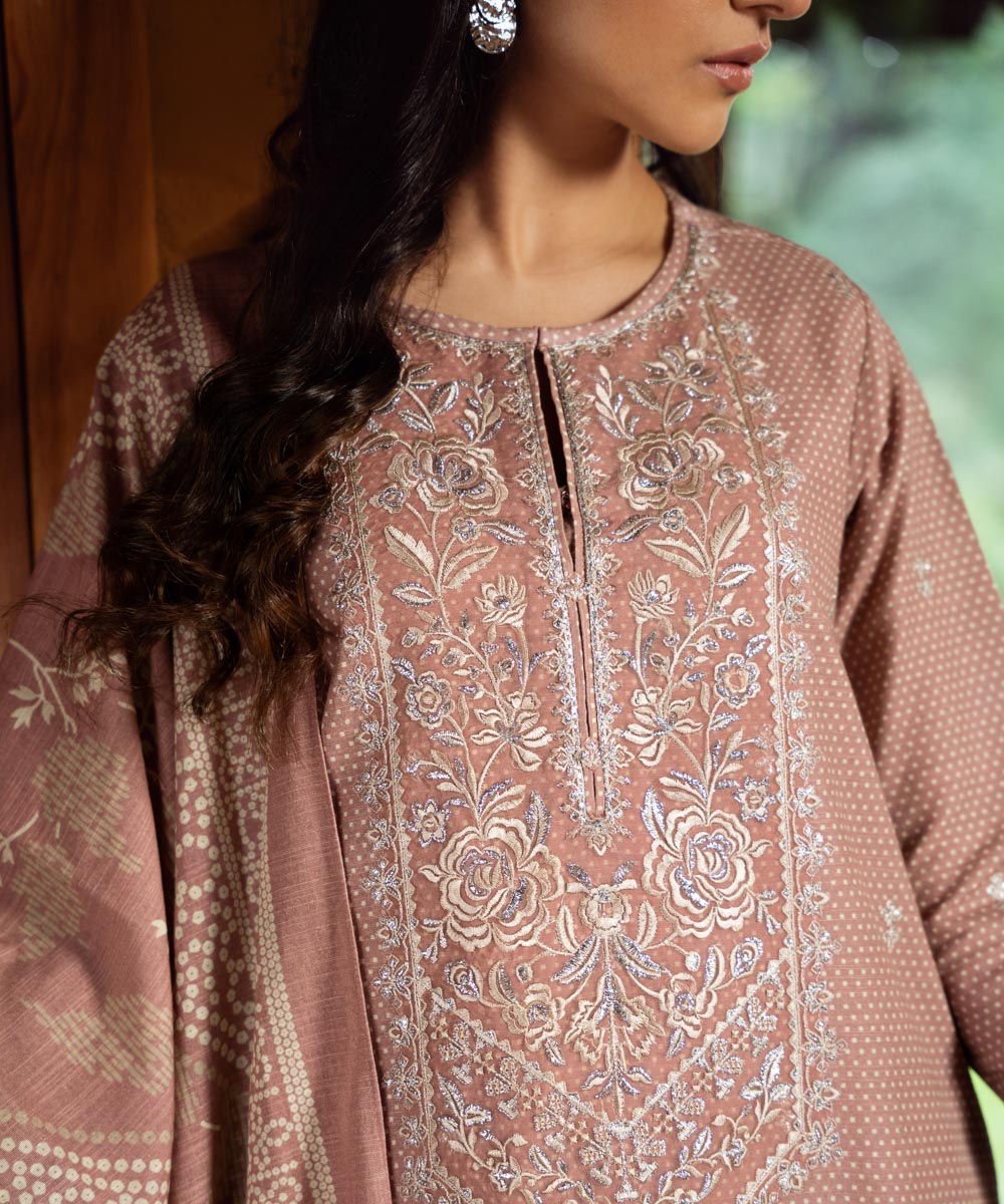 Women's Unstitched Khaddar Pink Embroidered 3 Piece Suit