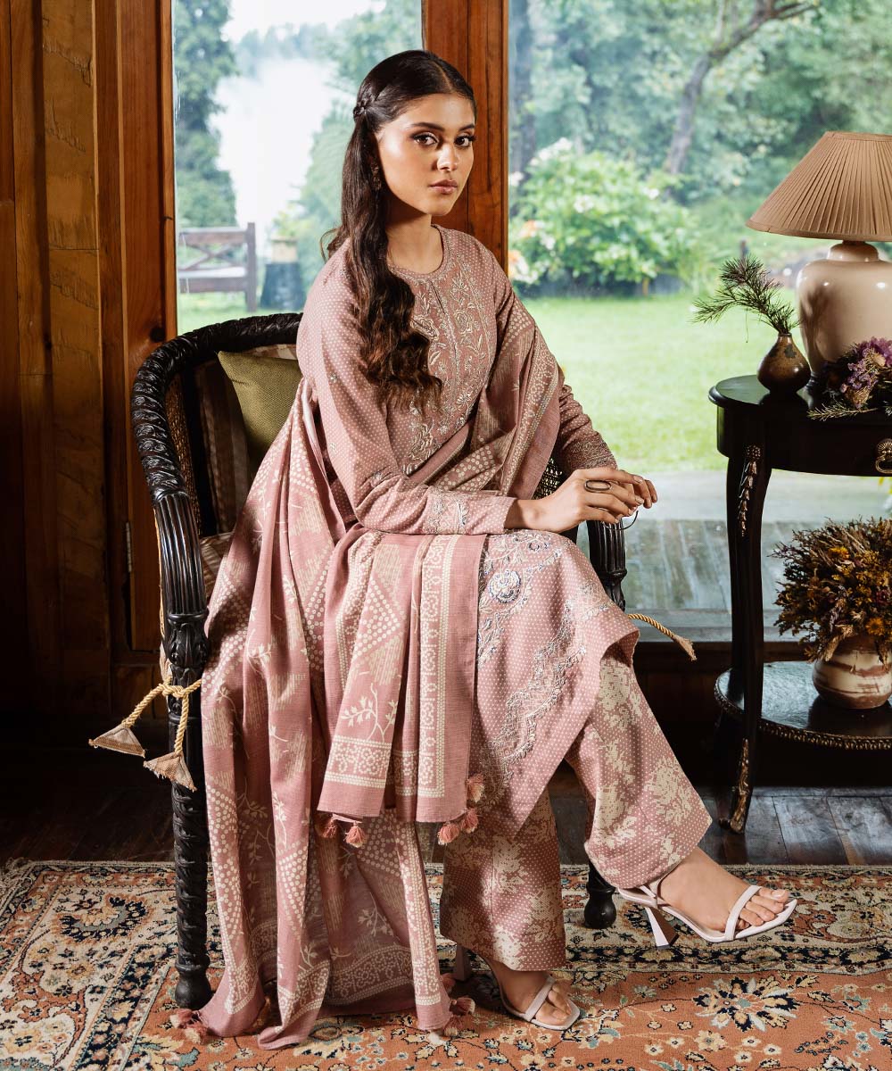 Women's Unstitched Khaddar Pink Embroidered 3 Piece Suit