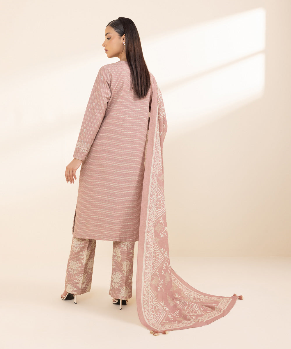 Women's Unstitched Khaddar Pink Embroidered 3 Piece Suit