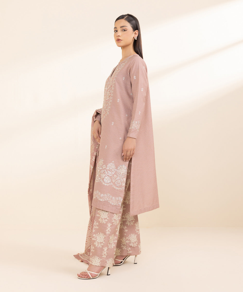 Women's Unstitched Khaddar Pink Embroidered 3 Piece Suit