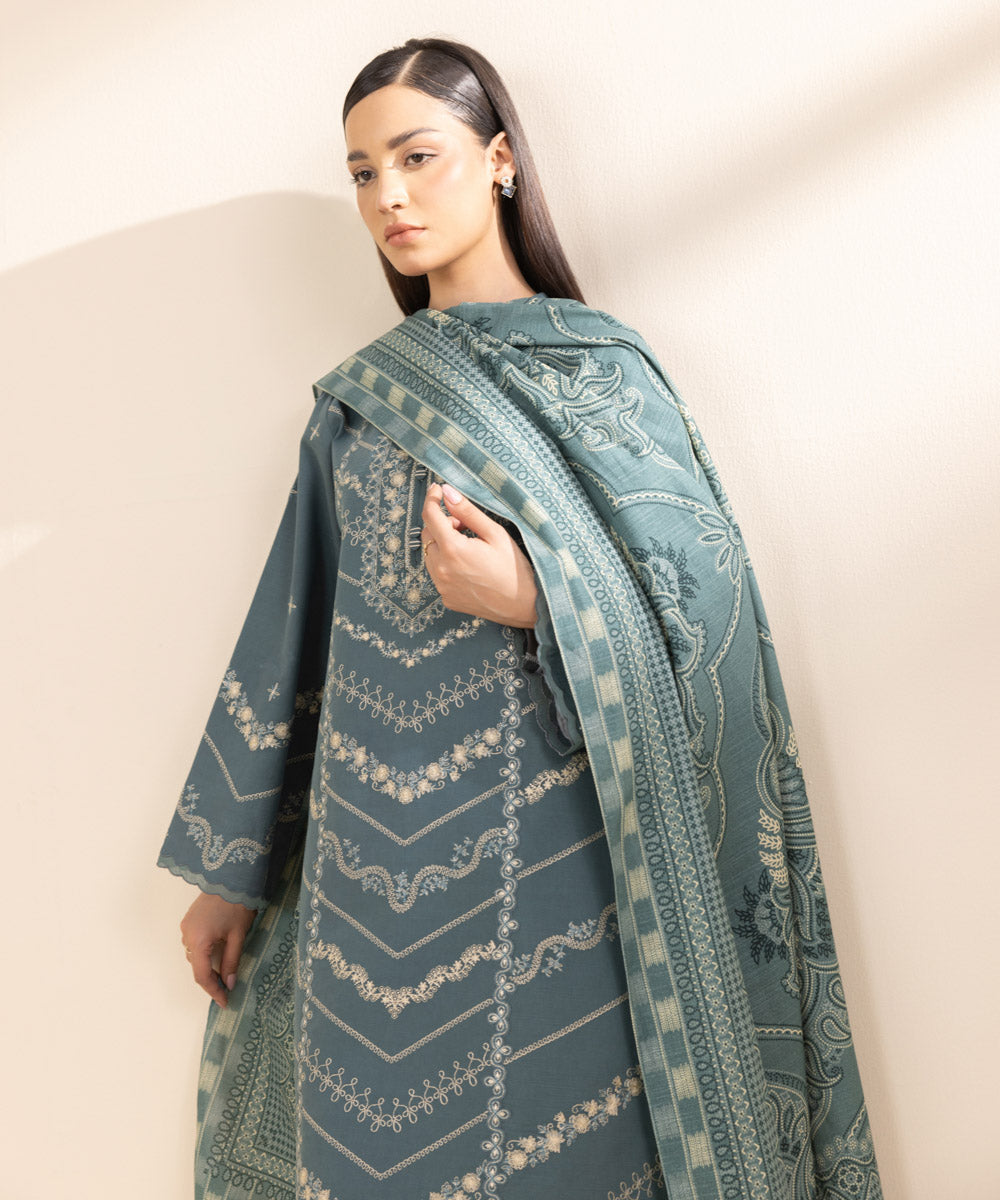 Women's Unstitched Khaddar Blue Embroidered 3 Piece Suit