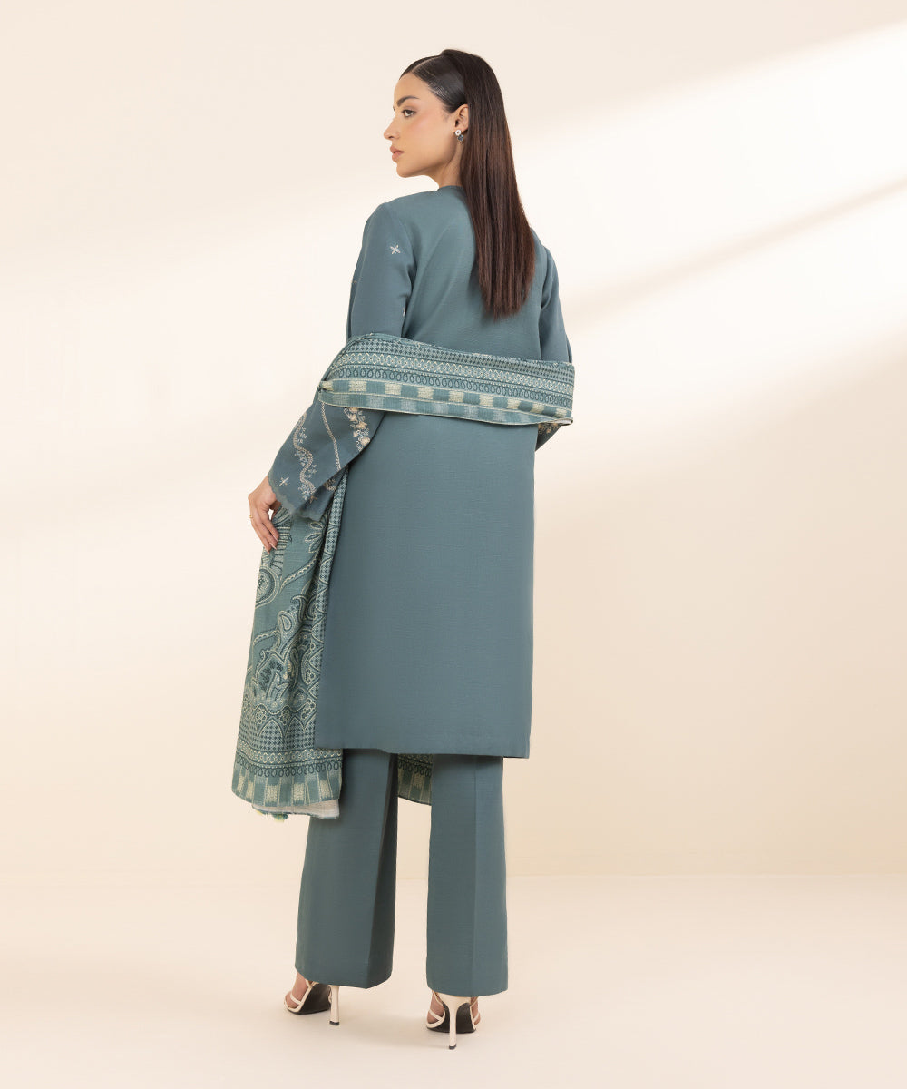 Women's Unstitched Khaddar Blue Embroidered 3 Piece Suit