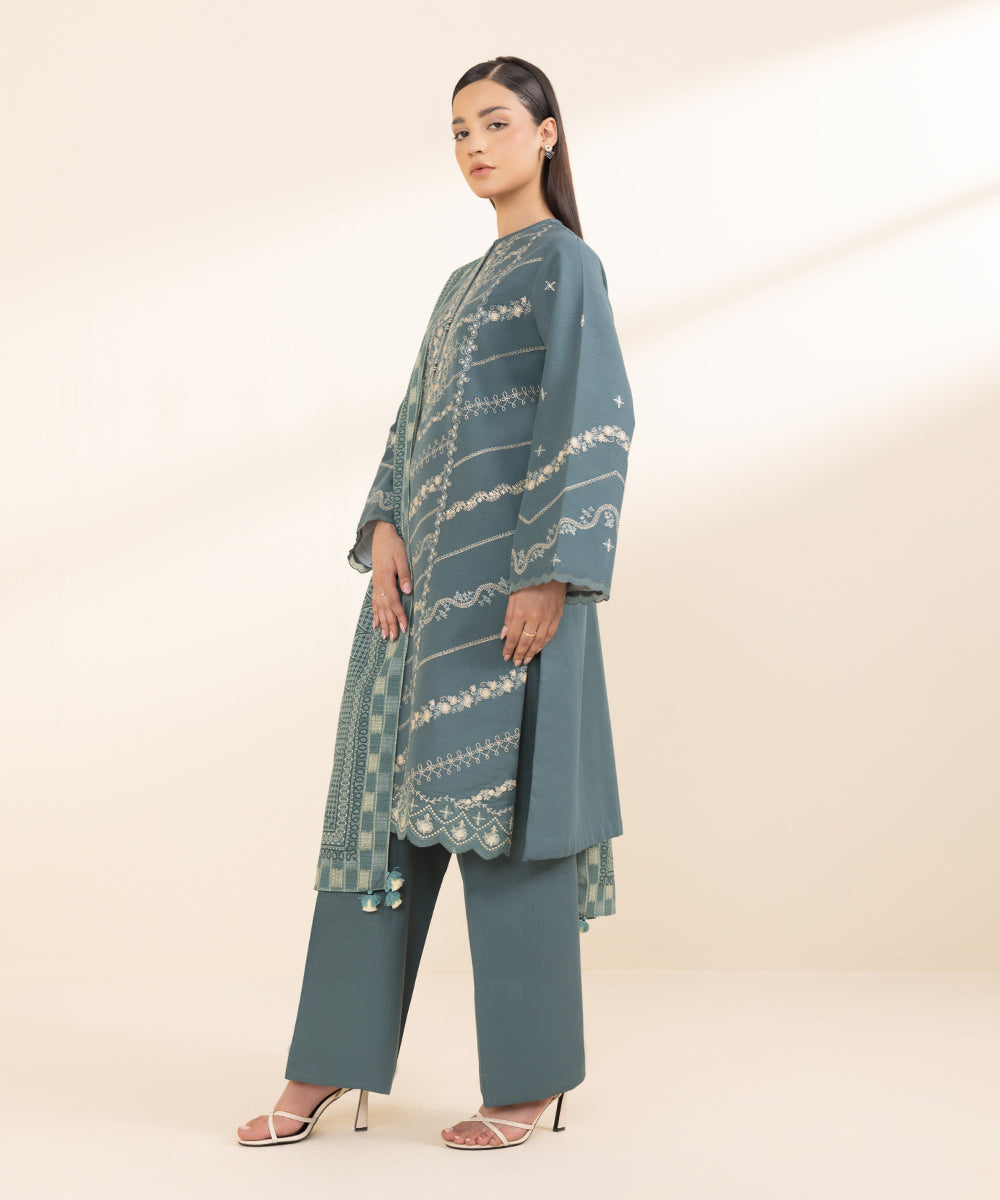 Women's Unstitched Khaddar Blue Embroidered 3 Piece Suit