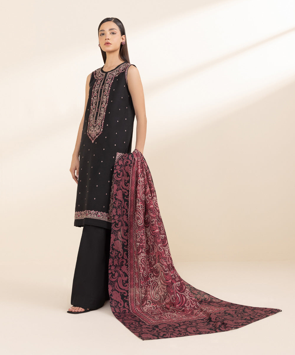 Women's Unstitched Khaddar Black Embroidered 3 Piece Suit