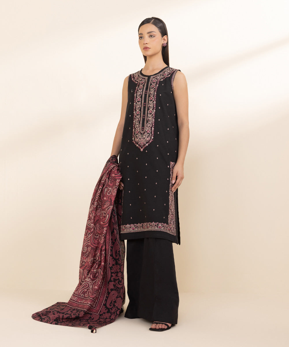 Women's Unstitched Khaddar Black Embroidered 3 Piece Suit