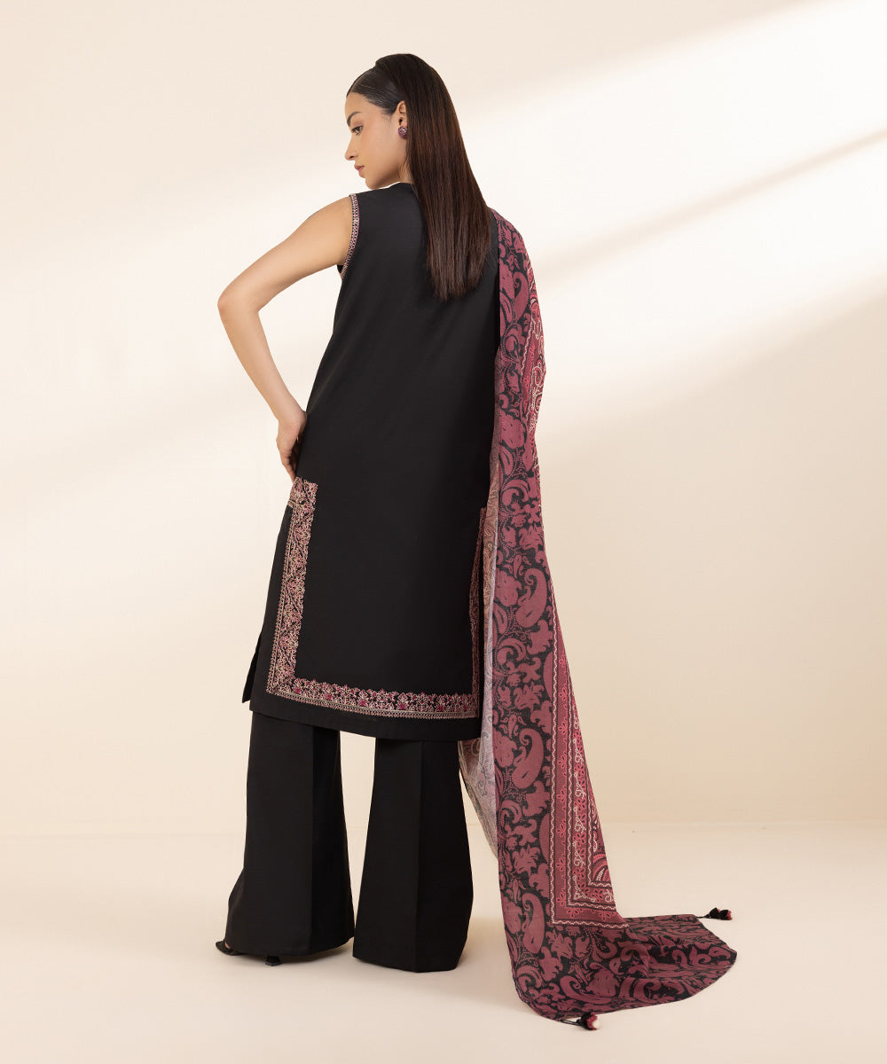 Women's Unstitched Khaddar Black Embroidered 3 Piece Suit