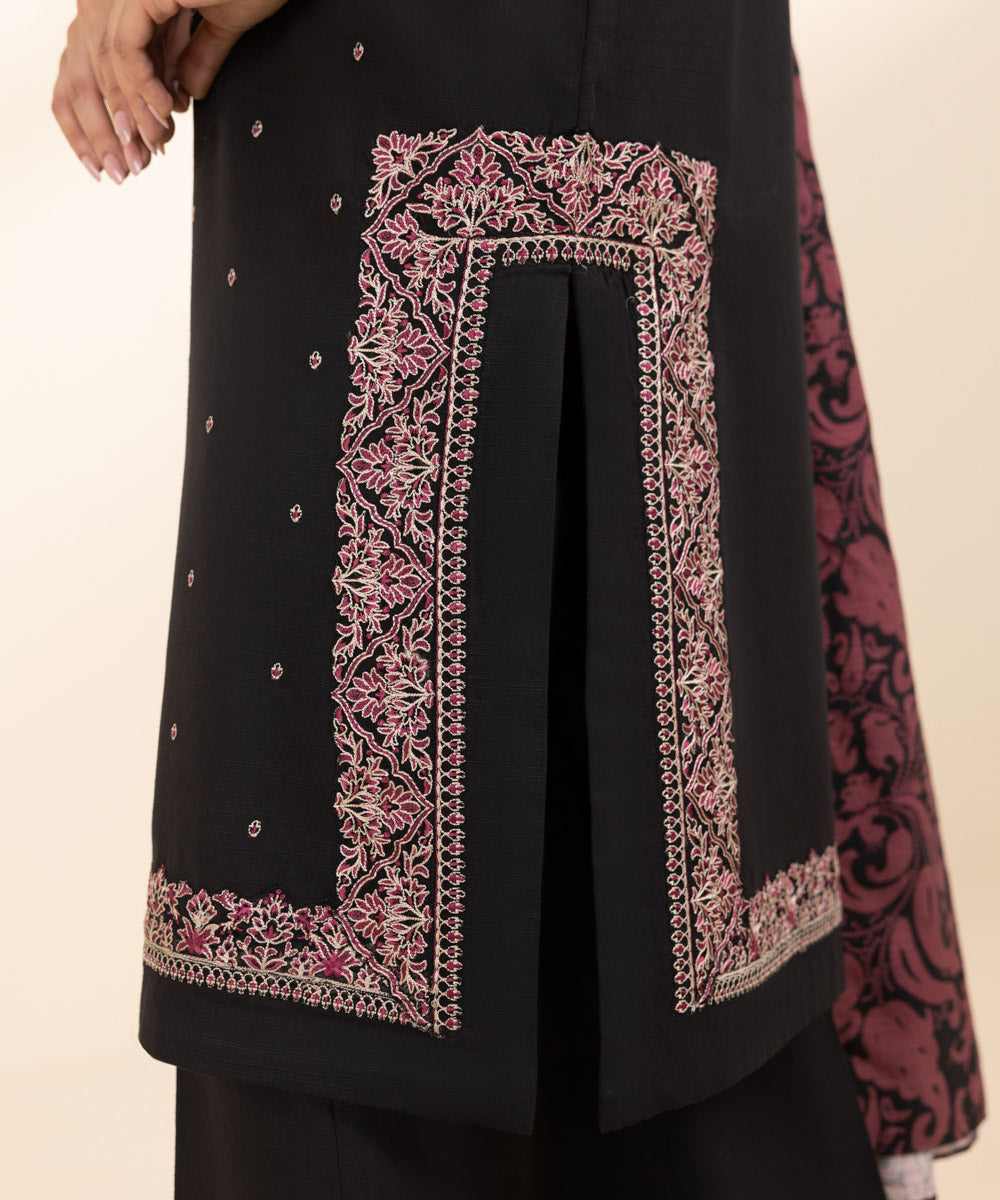 Women's Unstitched Khaddar Black Embroidered 3 Piece Suit