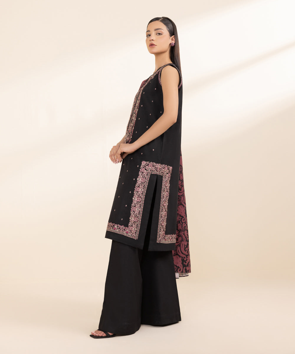 Women's Unstitched Khaddar Black Embroidered 3 Piece Suit