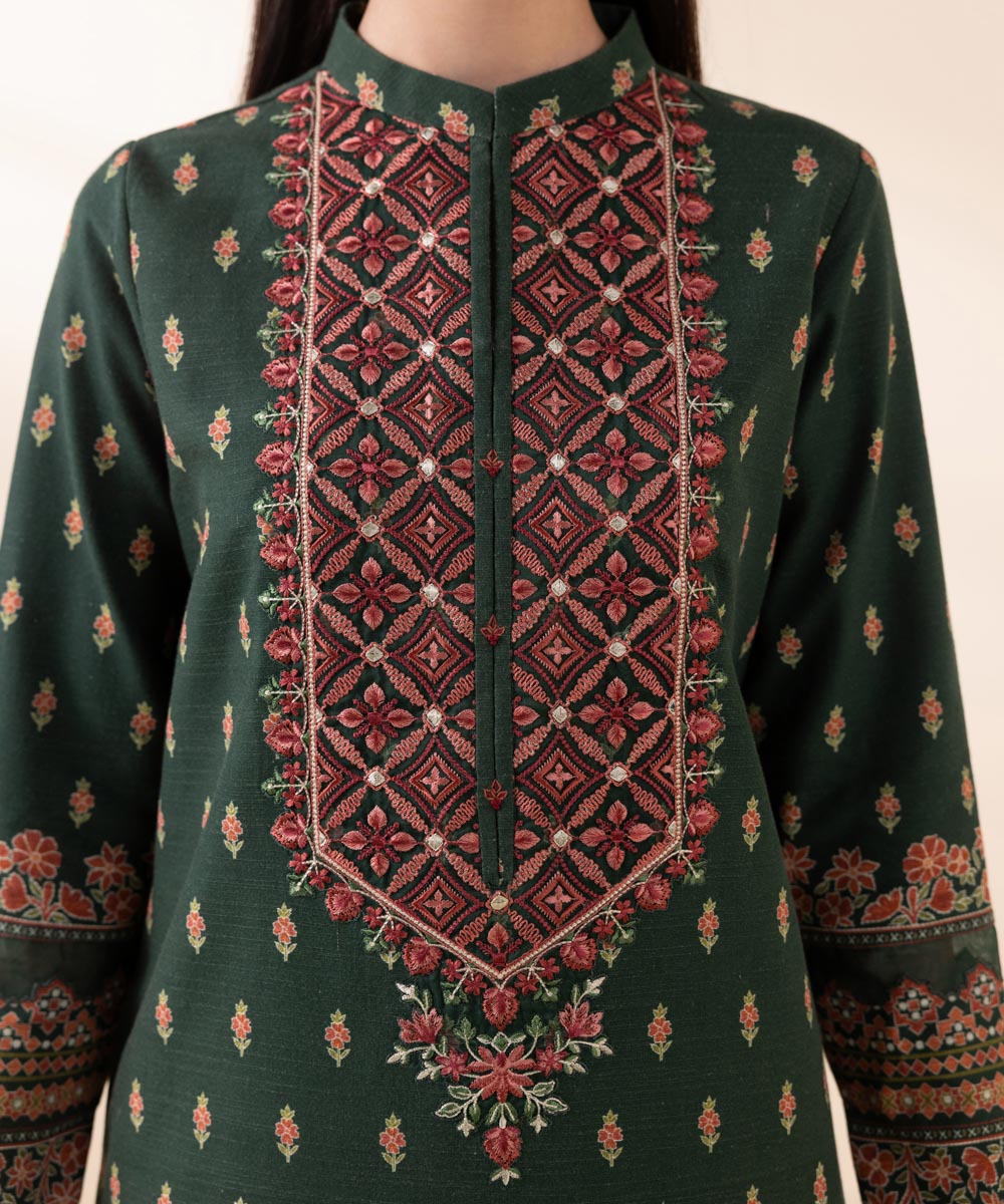 Women's Unstitched Khaddar Green Embroidered 3 Piece Suit