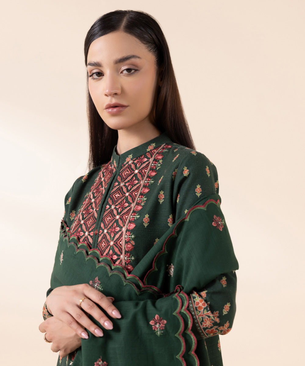 Women's Unstitched Khaddar Green Embroidered 3 Piece Suit